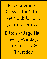 Text Box: New Beginners Class starting 8th Jan 2015 for 5 to 8 year oldsBilton Village Hall every Thursday 5:15 pm to 6:15 pm